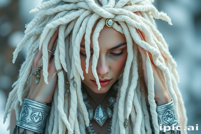 Icy white dreadlocks adorned with crystal beads and silver cuffs, radiating mystical energy and winter magic, aptly named Frost Shaman