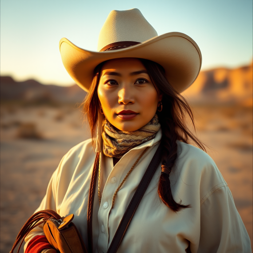 Dramatic photo of a beautiful Tibetan woman, classic cowboy attire, confident and free spirit expression, half-length portrait, centered, golden hour desert landscape, warm, diffused light, low angle, medium format film camera, in style of Annie Leibovitz.