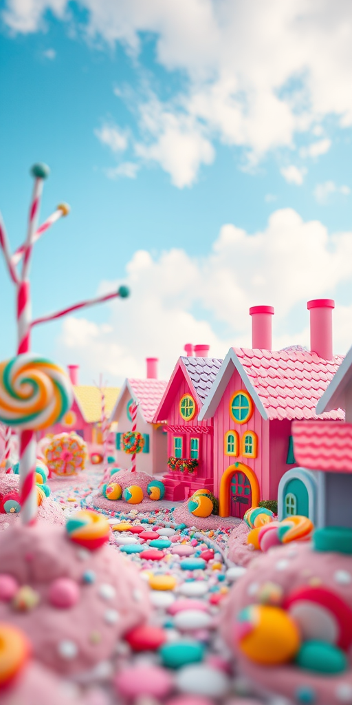 Create a whimsical candy land scene featuring colorful lollipop trees and vibrant, cartoonish houses, photographed with a Canon EOS R5, using an 85mm f/1.2 lens, at ISO 100, aperture f/8, and a soft focus to enhance the dreamy effect.