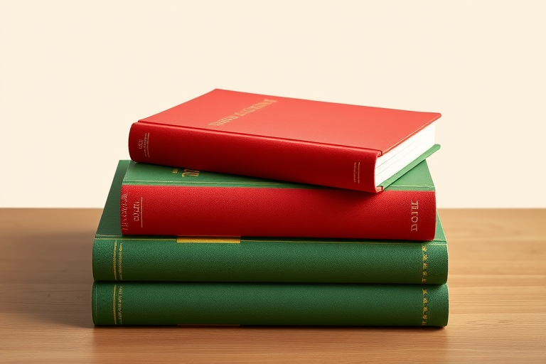 Create a high-resolution illustration of two stacked books, one red and one green, with a bookmark in the green book, using a Canon EOS R5 camera, 50mm lens, f/2.8 aperture, ISO 100, natural soft lighting, and a shallow depth of field to emphasize the books' textures and details.