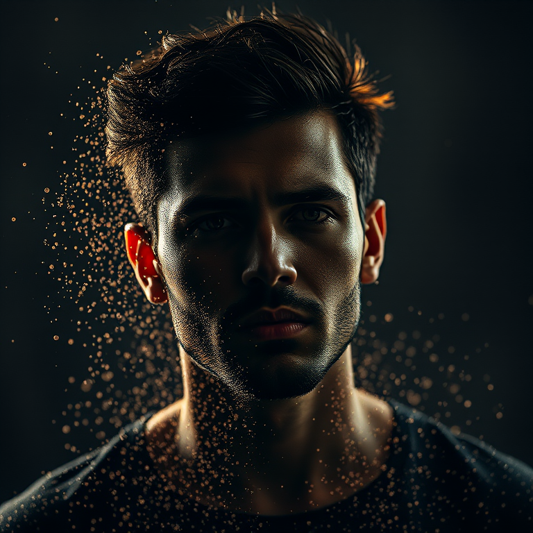 Create an image of a man partially dissolving into particles, showcasing a dramatic and mysterious effect, captured with a Canon EOS R5, 85mm lens, f/1.8 aperture, ISO 100, soft focus background, with low-key lighting to enhance contrast and depth.