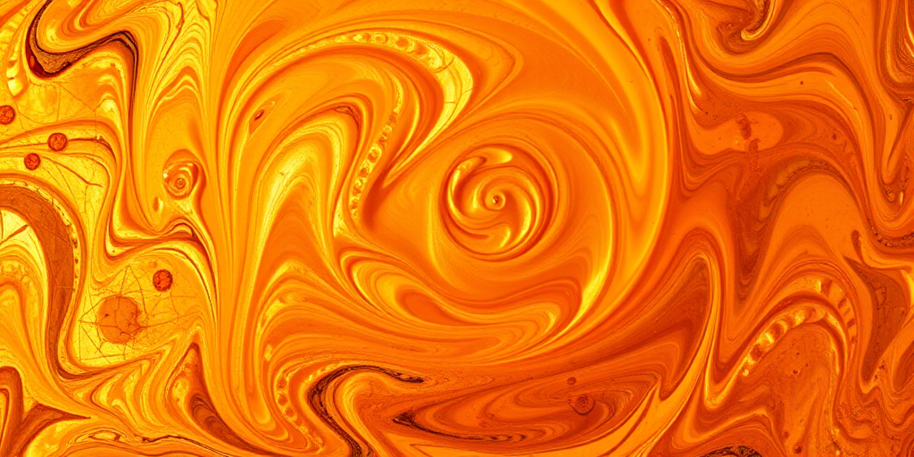 Create an abstract image of swirling orange and gold patterns with high contrast and rich texture, using a DSLR camera, 50mm lens, f/8 aperture, ISO 100, in natural light for enhanced clarity and color saturation.
