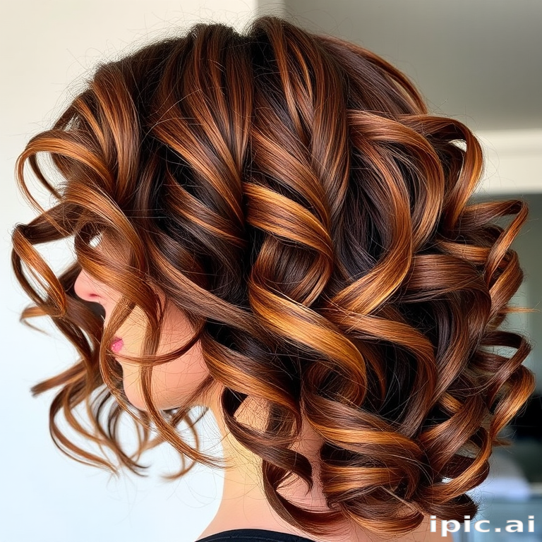 Luscious chocolate brown curls interwoven with golden caramel streaks, the "Mocha Swirl" hairstyle embodies rich depth and dimension for a sophisticated appearance