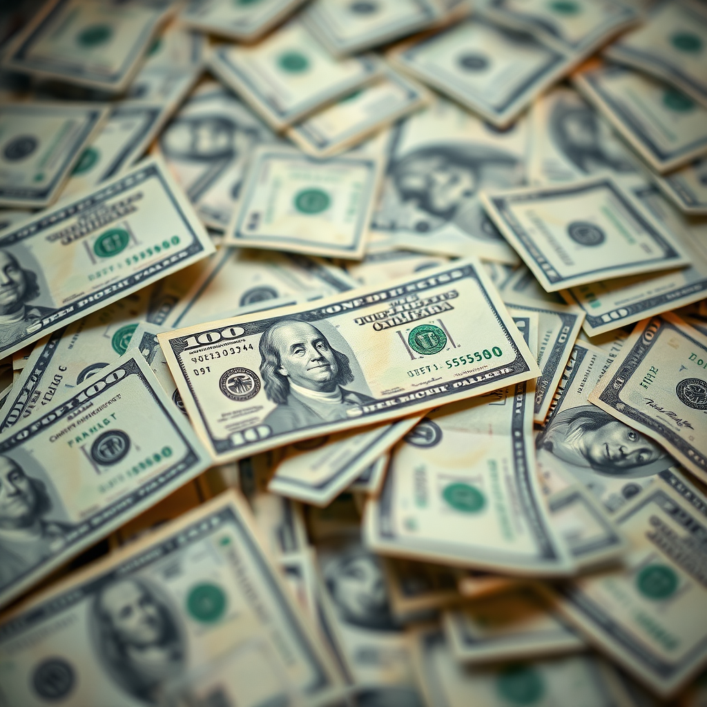 high-resolution image of scattered US dollar bills with a focus on the intricate details of the currency, shot with a Canon EOS R5, 50mm lens, f/1.8 aperture, ISO 100, natural light from above, shallow depth of field to create a soft background blur