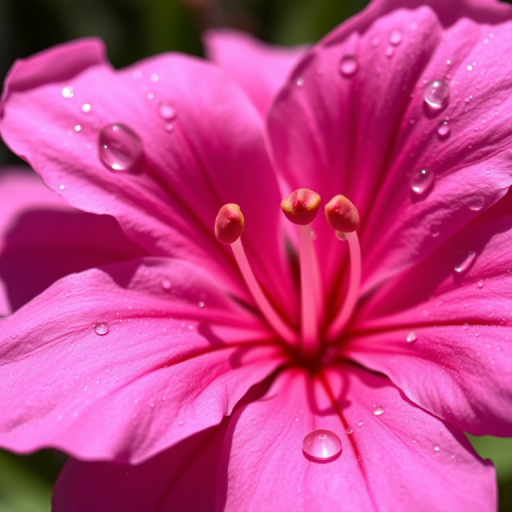 Close-up of a vibrant pink azalea flower with dew drops on the petals, shot in natural sunlight, aperture f/2.8, shutter speed 1/500s, ISO 100, macro lens, full-frame DSLR, shallow depth of field for a soft background blur.