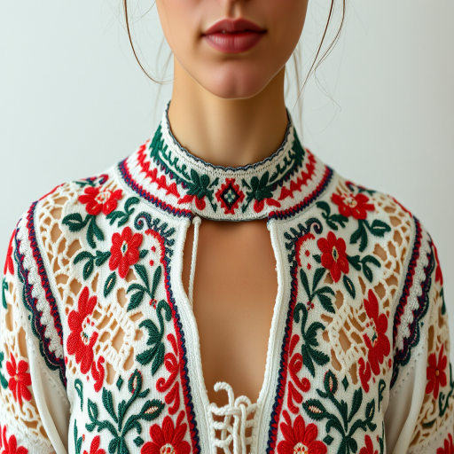 Face, shoulders, chest covered in openwork Ukrainian embroidery. Raw, unedited image.