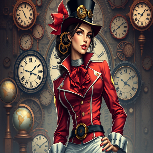 Create a steampunk-themed digital illustration featuring a stylish woman in a red and white outfit, adorned with gears and a top hat, set against an elaborate background with clocks, globes, and mechanical elements, using a Canon EOS 5D Mark IV, 50mm lens, f/1.8 aperture, ISO 100, and a soft diffused lighting style for enhanced detail and vibrant colors.