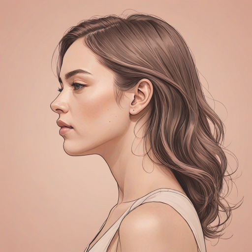 Create a minimalist line art illustration of a woman in profile against a solid pastel background, using a Canon EOS R5 with a 50mm f/1.2 lens, aperture set to f/2.8, ISO 100, and a soft focus effect for smooth skin tones and gentle color gradients.