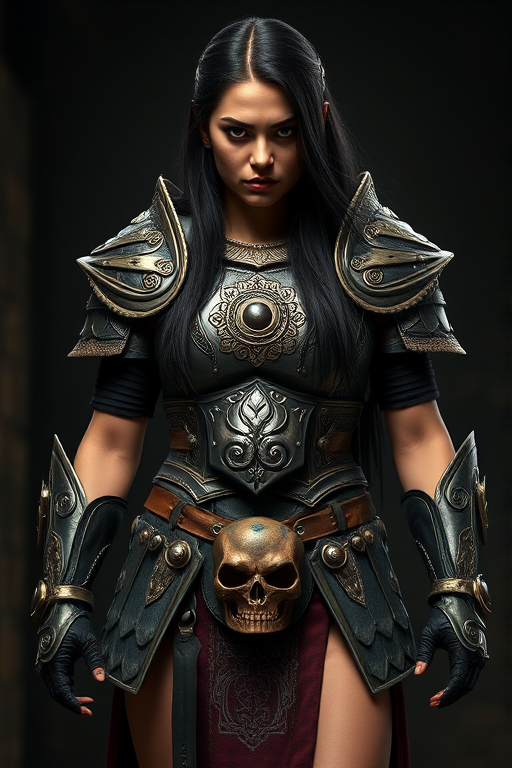 Create a photo of a fierce Metis female warrior with long black hair, wearing an ornate, metallic armor. The armor includes a breastplate with intricate designs, shoulder guards, and gauntlets. The breastplate is decorated with a central emblem, possibly representing a mythical symbol, and has a sculpted, form-fitting design. She wears a belt with a large skull ornament at the center, and her armor extends into a partial skirt, revealing one leg. The overall look is both protective and stylish, with a dark, gothic aesthetic. The background is dimly lit, suggesting a medieval or fantasy setting, enhancing the warrior's imposing presence and intense expression.