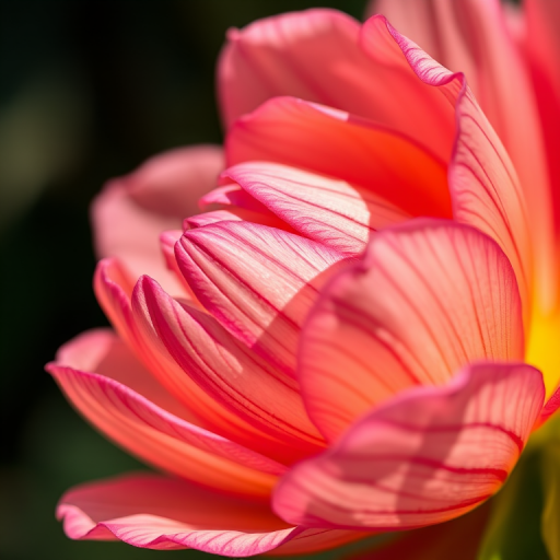 A detailed close-up of a blooming flower with intricate petal textures and vibrant colors, shot at f/2.8 aperture, 50mm lens, in natural light using a DSLR camera, with a shallow depth of field to enhance background blur and focus on the flower's details.