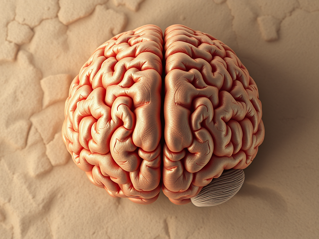 Create a highly detailed illustration of a human brain, viewed from above, using a digital painting style, 50mm lens, f/4 aperture, ISO 100, with soft lighting to enhance texture and depth.