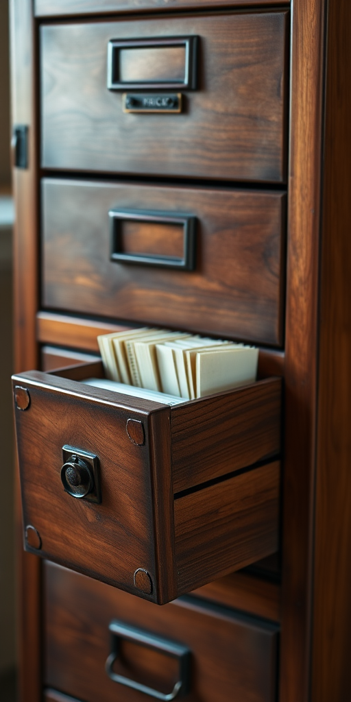generate a high-resolution image of an antique wooden filing cabinet with one open drawer revealing files, shot with a DSLR camera at f/8 aperture, ISO 100, shutter speed 1/60 second, from a slightly elevated angle using natural lighting for enhanced detail and texture.