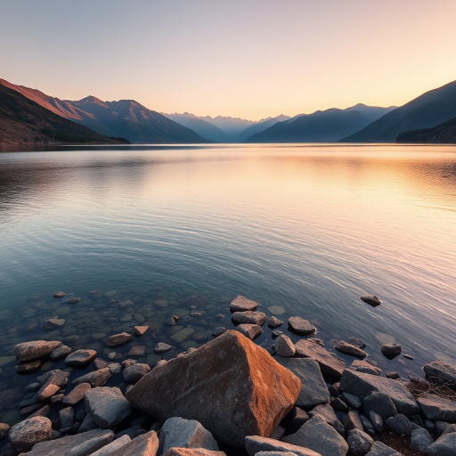 Generate a high-resolution image of a calm lake surrounded by mountains at sunrise, with soft lighting and vibrant colors, using a Canon EOS R5 camera, 24mm lens, aperture f/8, shutter speed 1/125s, ISO 100, capturing a panoramic view with a warm color palette, and ensuring a sharp focus throughout the scene.