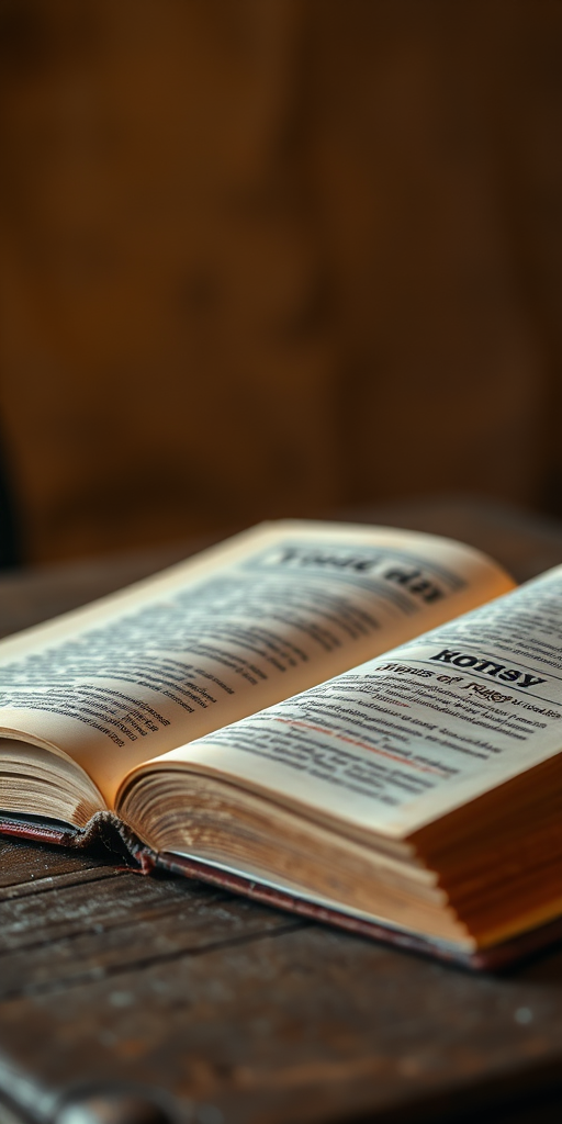 An open ancient book placed on a rustic wooden table with a soft focused background, warm ambient lighting illuminating the pages, captured with a DSLR camera at f/2.8 aperture, 50mm lens, ISO 100, and a shallow depth of field for enhanced detail and texture.