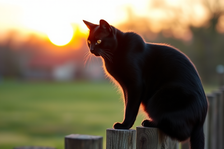 Generate a high-quality image of a sleek black cat sitting gracefully on a wooden fence during sunset, using a Canon EOS 5D Mark IV with an aperture of f/2.8, shutter speed of 1/500s, ISO 400, with a focus on a shallow depth of field to create a bokeh effect in the background.