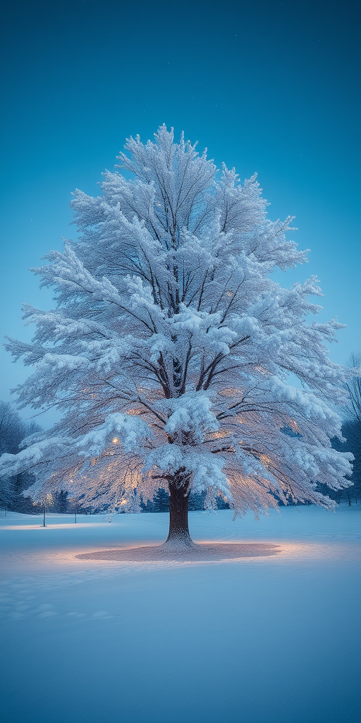 A majestic snow-covered tree adorned with twinkling stars in a serene winter landscape, captured at dusk using a DSLR camera with a 50mm lens, f/1.8 aperture, ISO 200, 1/60 shutter speed, in a wide-angle view to emphasize the foreground details and background depth.