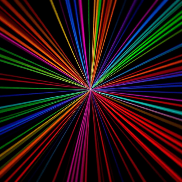 create an abstract image of colorful lines radiating from a central point, using a wide-angle lens, f/8 aperture, ISO 100, 1/60s shutter speed, high-resolution digital camera, vibrant colors with a black background for contrast