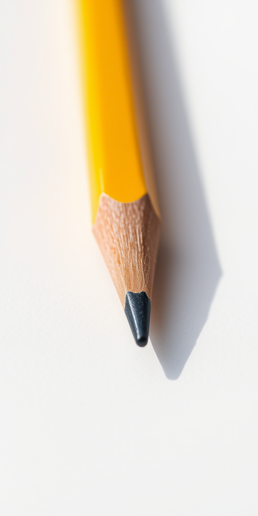 Create a highly detailed illustration of a yellow pencil lying on a white background, with a shallow depth of field, 50mm lens, f/2.8 aperture, ISO 100, soft natural lighting to enhance the texture and shadows.