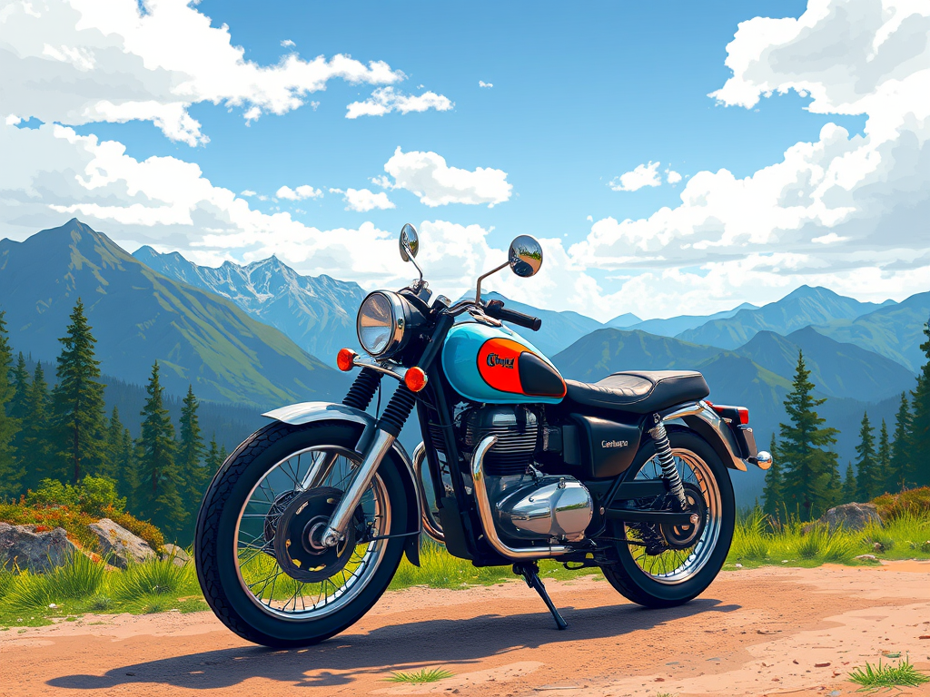 Create a vibrant illustration of a vintage motorcycle in the foreground, with a mountainous landscape in the background, using a wide-angle lens, aperture f/8 for clarity, ISO 100 for low noise, and a digital illustration style to enhance color and detail.