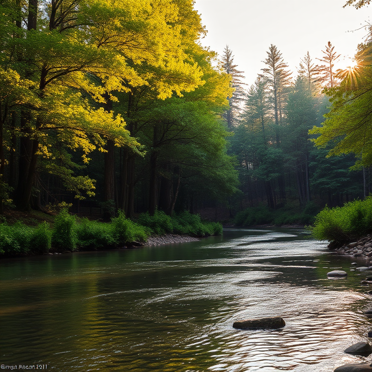 Create an image of a serene, sunlit forest scene with a clear, gently flowing river. Tall trees with lush green foliage line both sides of the river, their leaves bathed in the warm golden light of the setting or rising sun. The sunlight filters through the trees, casting soft, dappled light on the river, which flows over smooth rocks and pebbles, creating a peaceful, natural atmosphere. The sky is bright with a few scattered clouds, and the overall mood is tranquil, evoking a deep sense of connection with nature. The image captures the beauty of a calm, pristine forest landscape at either dawn or dusk.