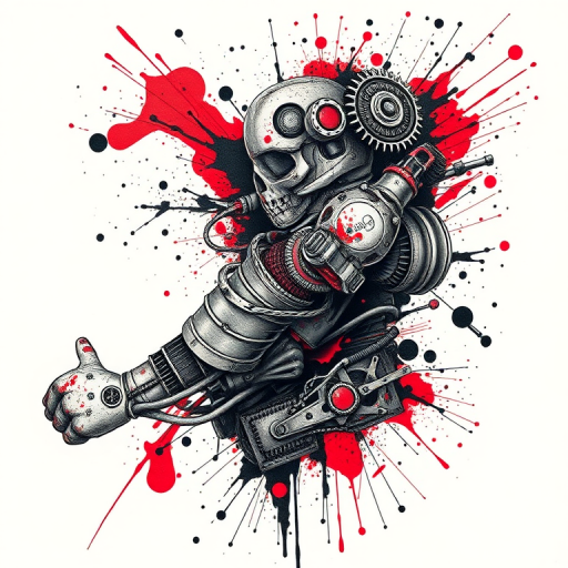 Biomechanical trash polka tattoo combining realistic mechanical elements with abstract splashes of red and black ink, creating a dynamic and chaotic full-sleeve masterpiece