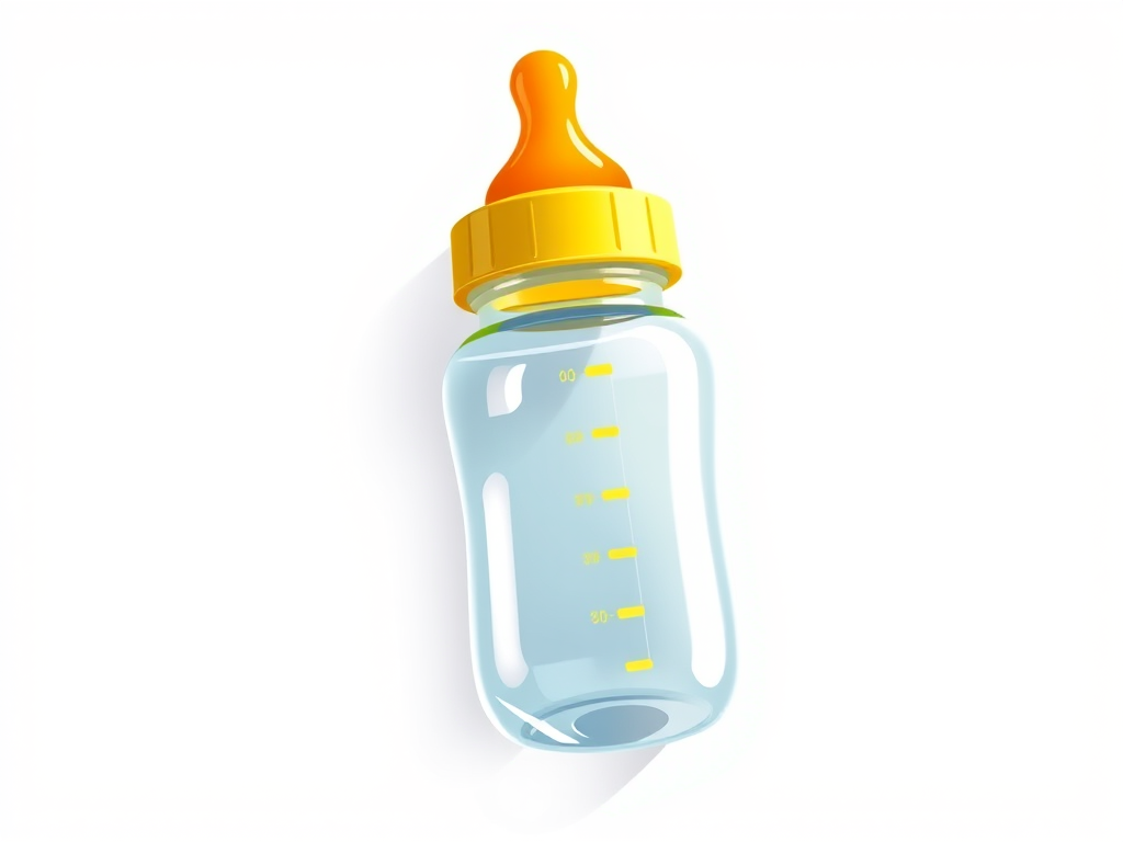 Create a highly detailed vector illustration of a baby bottle with a yellow lid and orange nipple, using a DSLR camera at f/2.8 aperture, 50mm lens, top-down view, with soft lighting to enhance colors and shadows.