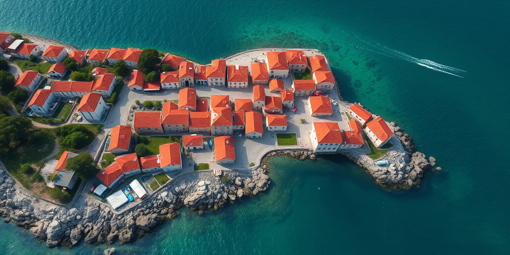 Aerial view of a coastal village with terracotta rooftops and clear green waters, captured with a DJI Mavic 2 Pro, aperture f/2.8, ISO 100, shutter speed 1/2000s, 4K resolution.
