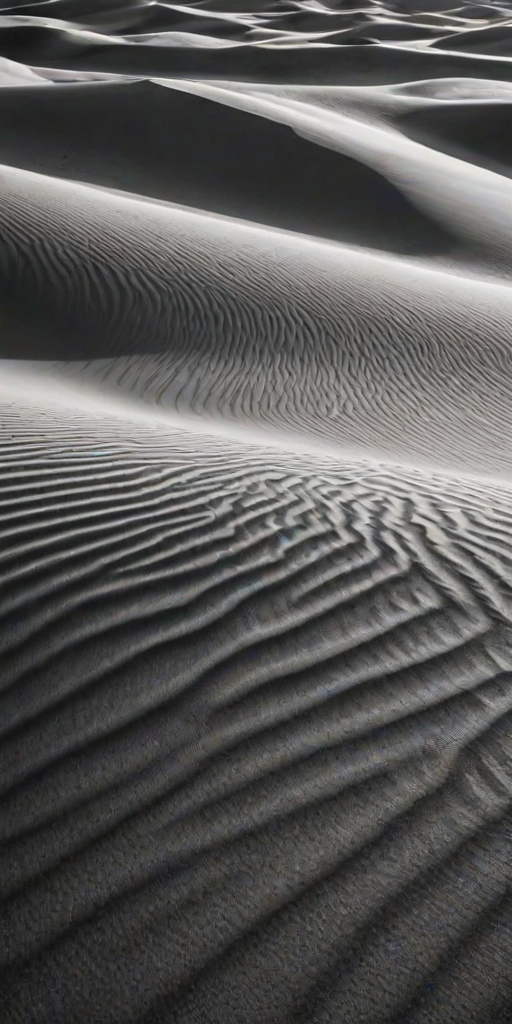 create a high-contrast black and white image of sand dunes with intricate wave patterns and shadows in the texture of the sand