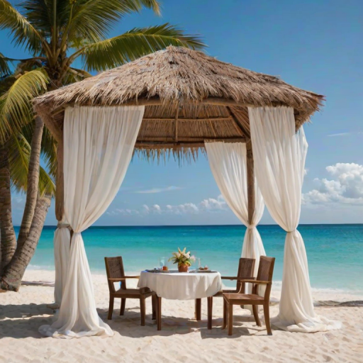 Create a picturesque tropical beach scene featuring a serene, white sandy shore. In the foreground, there's a rustic wooden canopy with white drapes gently flowing in the breeze. Underneath the canopy, a table is set with tropical decor, evoking a sense of relaxation and leisure. The beach extends into a calm, shallow water area with reflections of the sky and surroundings. Palm trees and lush greenery line the edge of the beach, providing a natural, tropical backdrop. The sky is clear with a few scattered clouds, and the overall atmosphere is tranquil and inviting, perfect for a peaceful retreat.