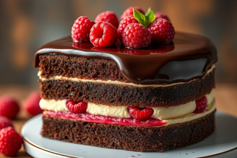 Create an image of a multi-layered chocolate cake with a glossy chocolate ganache topping and fresh raspberries on top. The cake should have distinct layers of dark chocolate, raspberry filling, and a light mousse layer, beautifully cut to reveal the different colors and textures inside. The background should be softly blurred to emphasize the cake.