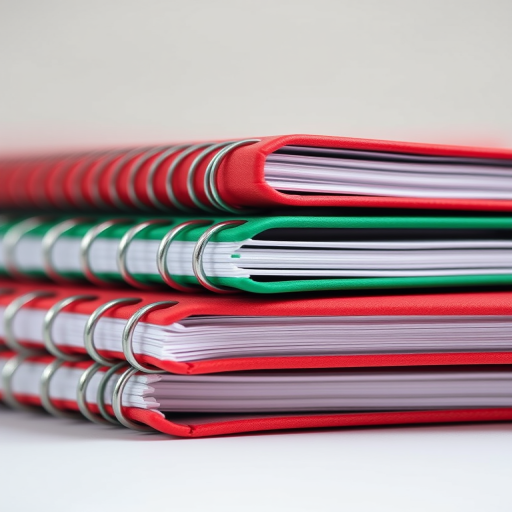 a close-up shot of a red and green spiral-bound notebook stacked on top of each other, soft diffused lighting, f/8 aperture, 50mm lens, ISO 100, taken with a digital SLR camera, high resolution, shallow depth of field for focus on notebooks
