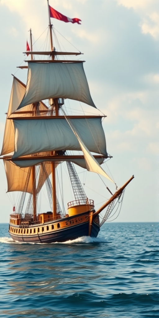 regenerate a detailed and vibrant image of an 18th-century sailing ship navigating through calm waters in the style of a high-resolution digital painting, using a DSLR camera with a 50mm lens, f/2.8 aperture, ISO 100, and a shallow depth of field to emphasize the ship against a softly blurred background.