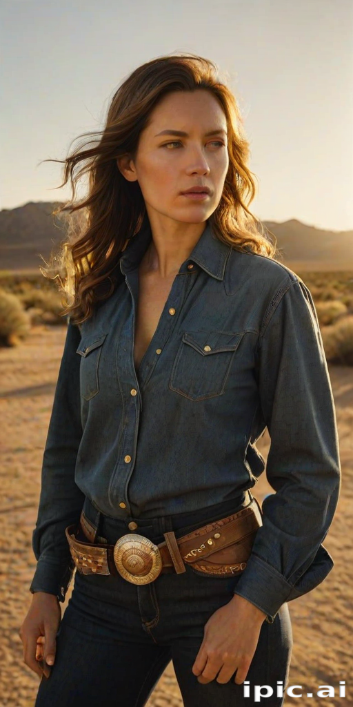 Dramatic photo of a beautiful Western American woman, classic cowboy attire, confident and free spirit expression, half-length portrait, centered, golden hour desert landscape, warm, diffused light, low angle, medium format film camera, in style of Annie Leibovitz.