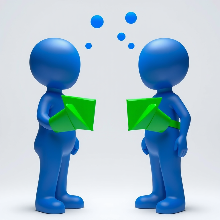 Create a high-resolution digital illustration of two stylized blue figures exchanging ideas, with large green arrows connecting them, featuring a soft focus effect, wide-angle view, shot with a DSLR camera at f/5.6 aperture, ISO 100, and 50mm lens.
