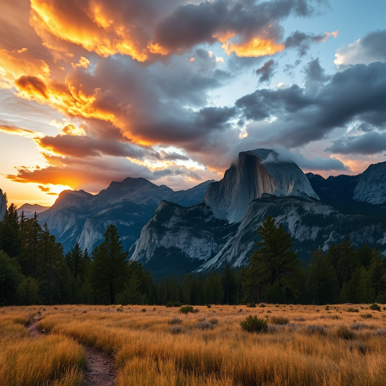 landscape of Yosemite National Park at sunset with dramatic clouds, high dynamic range, shot with a Canon EOS R5 at 24mm, f/8, ISO 100, 1/125 sec, using a wide-angle lens for enhanced depth and clarity.