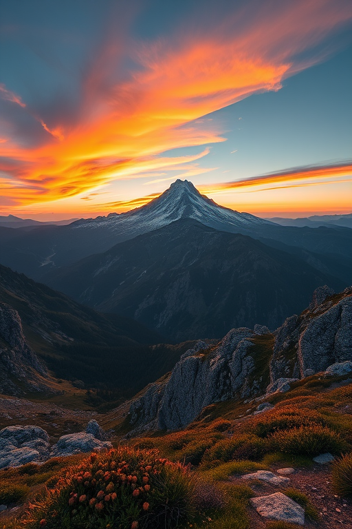 Capture a breathtaking mountain landscape at sunrise with a Canon EOS R5, 24mm lens, f/8 aperture, ISO 100, 1/125 sec exposure, wide-angle view, high dynamic range for vibrant colors and details in the foreground and background.
