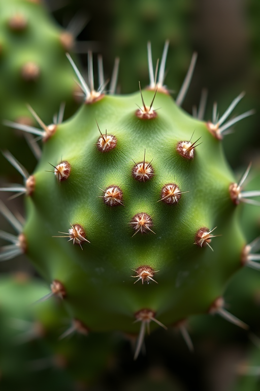 macro shot of a green cactus pad with fine details and spines, shallow depth of field, aperture f/2.8, ISO 100, 50mm lens, soft natural lighting, taken with a DSLR camera