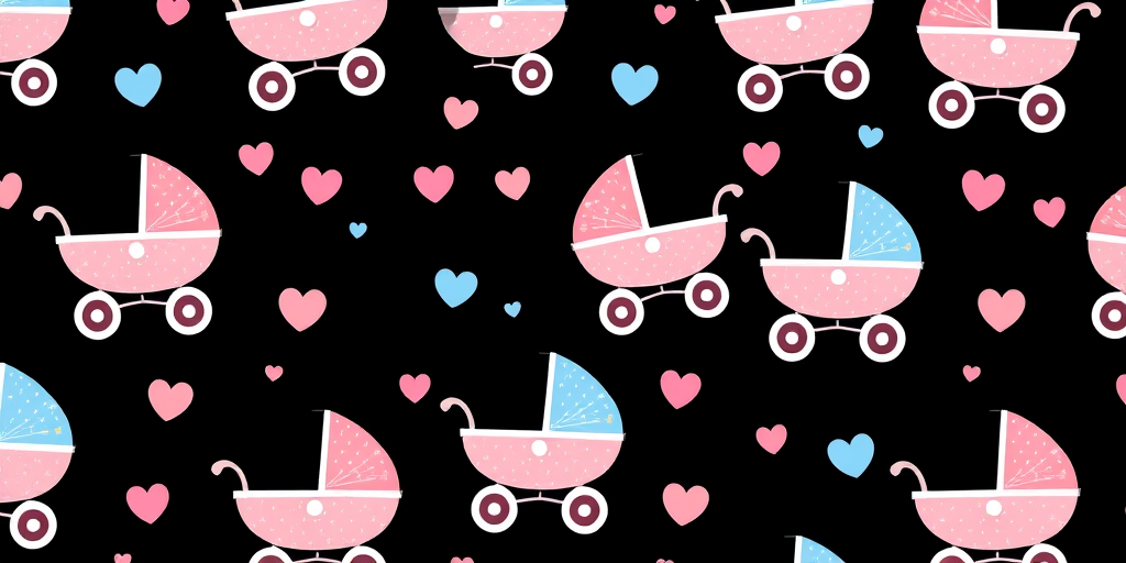 Create a repeating pattern of baby strollers in pink and blue with polka dots and hearts on a black background, high resolution, top-down view, DSLR camera, f/8 aperture, ISO 200, 50mm lens.