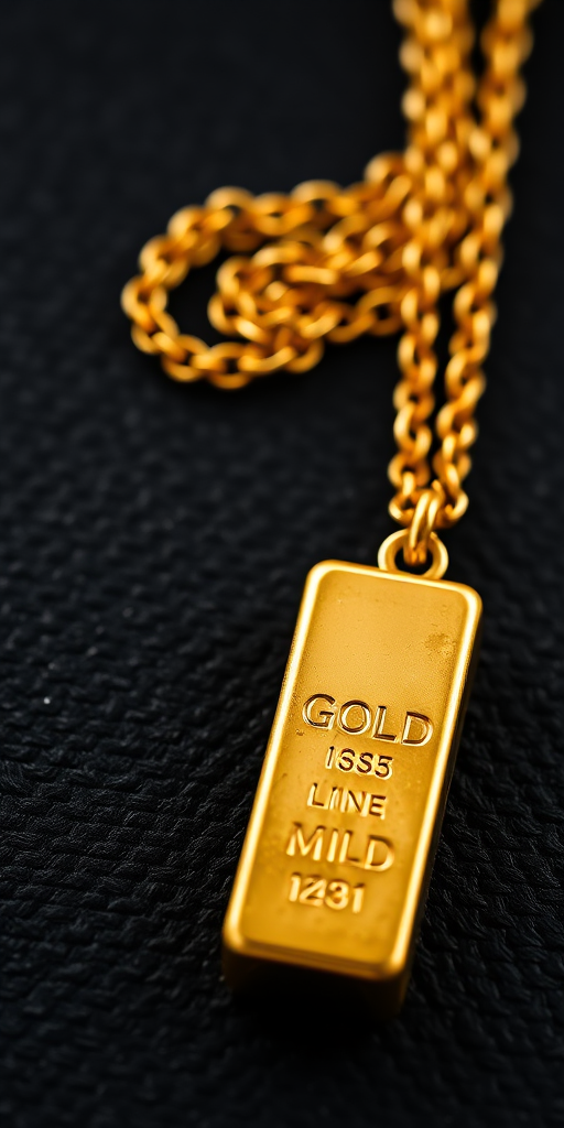 highly detailed shot of a gold bar and necklace on textured black background, aperture f/2.8, shutter speed 1/125s, ISO 100, 50mm lens, shallow depth of field, soft natural lighting, macro photography