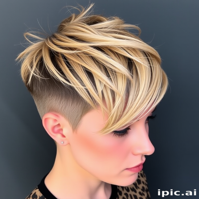 Fierce leopard print pixie cut called "Wild Instinct" showcases a daring combination of golden blonde base with strategic placement of dark brown and black spots