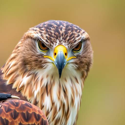 a close-up of a hawk with detailed feathers and piercing eyes, set against a blurred natural background