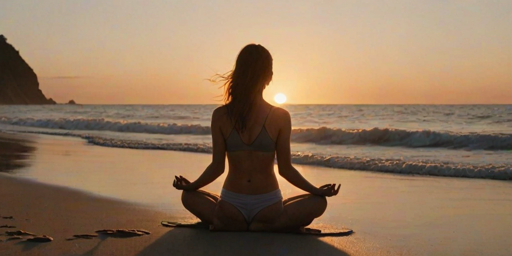 Woman on a tranquil beach, the setting sun casting an orange glow over the waves, as she sits cross-legged, meditating with the sound of the ocean in the background.