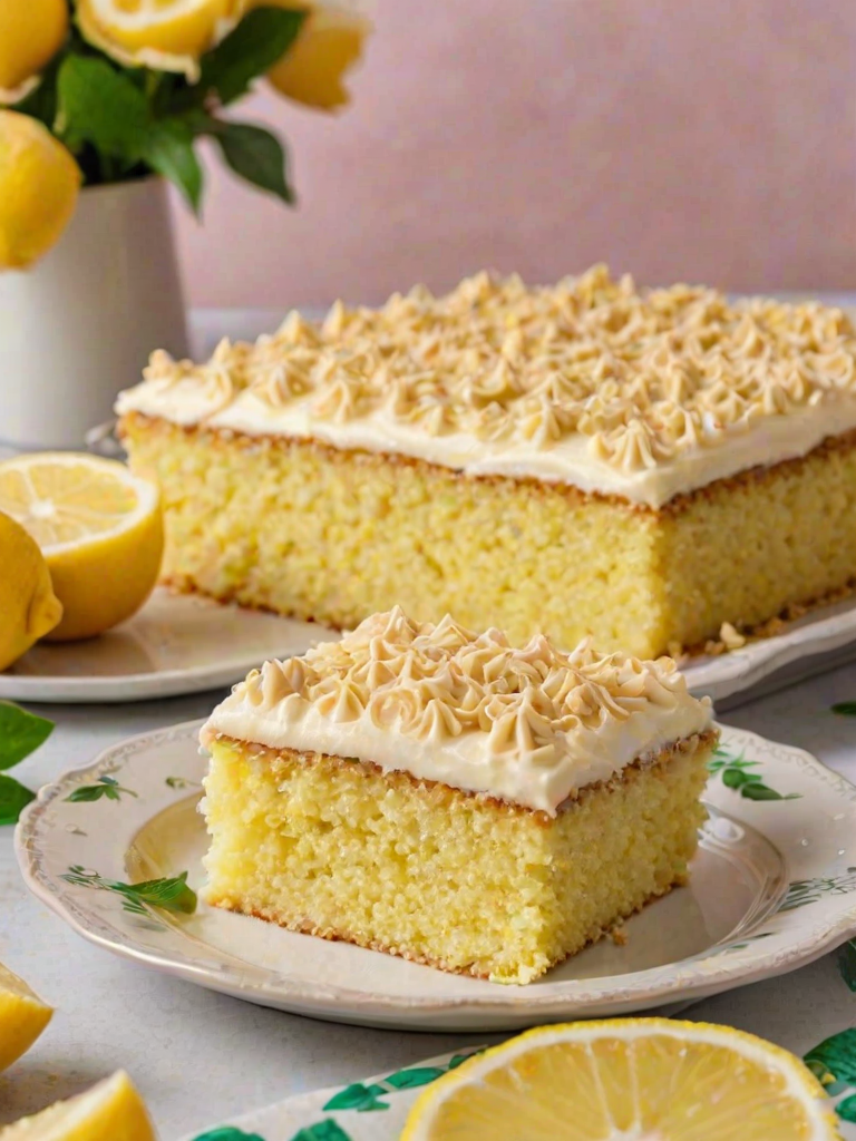 Generate an image of a lemon cake with a smooth yellow frosting, decorated with white chocolate curls and a crumb topping. The cake is in a rectangular baking dish, with a slice served on a floral plate next to it. Include fresh lemons and green leaves in the background for a vibrant touch.
