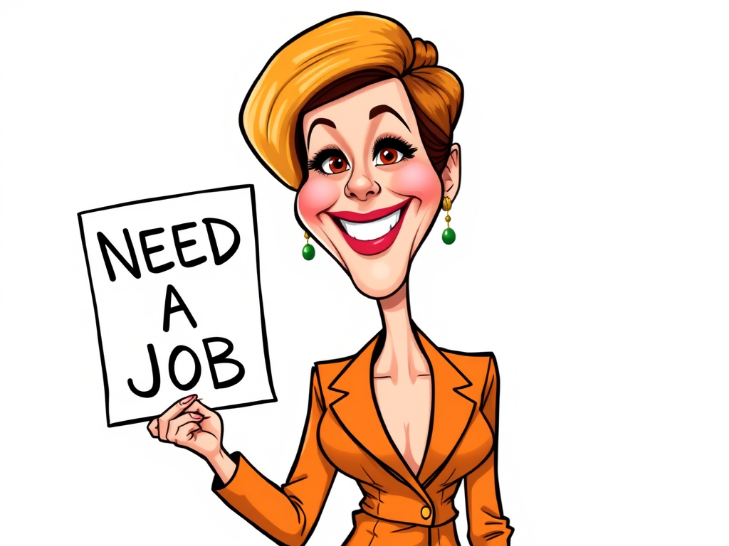 caricature of a smiling Emma Stone in a Tangerine dress or suit, holding up a sign that says "NEED A JOB", no watermark,