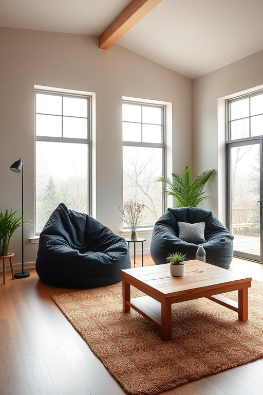 interior design of a cozy living space featuring two black bean bag chairs and a wooden coffee table, large windows with natural light, minimalist style, shot with a DSLR camera at f/4, ISO 100, 24mm lens, natural light, wide-angle view, high dynamic range