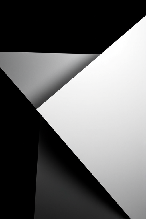 Create an abstract geometric design featuring overlapping shapes in a monochromatic color palette with high contrast, using a DSLR camera with a 50mm lens, aperture set to f/2.8, ISO 100, and a low angle view to enhance depth and vibrancy.