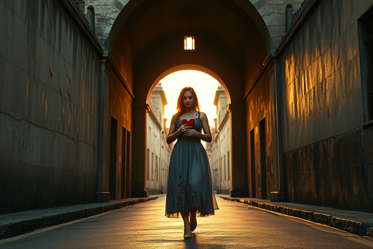 A haunting figure in a blood-stained gray dress holding a heart, walking through a dilapidated archway on an empty street, sunset light filtering through, 50mm lens, f/1.8, ISO 100, shallow depth of field, high dynamic range photography, cinematic style, full-frame camera.