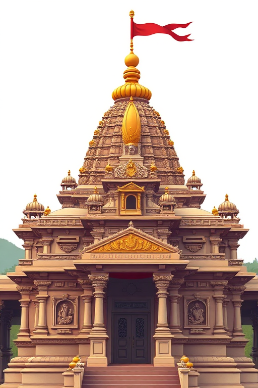 Render a detailed vector illustration of a temple with a golden top and a flag, showcasing intricate architecture, in high resolution with a 50mm lens, f/8 aperture, ISO 100, shot at eye level with a DSLR camera.