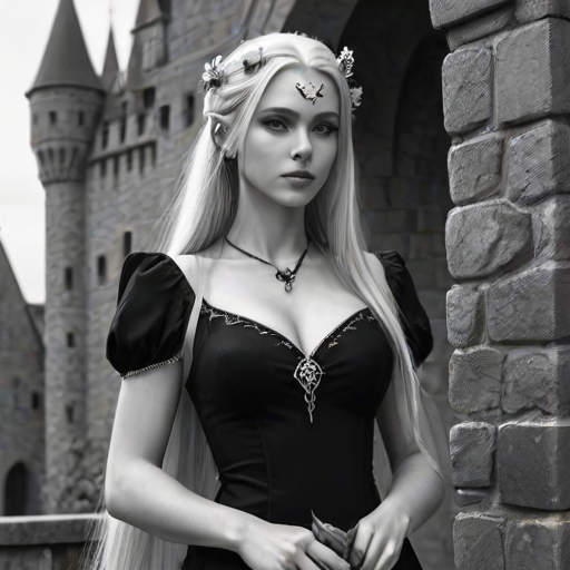 afe, sketch, monochrome, greyscale, 1girl, solo, elf, pointy ears, breasts, long hair, very long hair, white hair, green eyes, portrait, looking at viewer, black dress, tiara, silver tiara, holding, holding flower, rose, red rose, necklace, jewelry, cowboy shot, standing, outdoors, castle