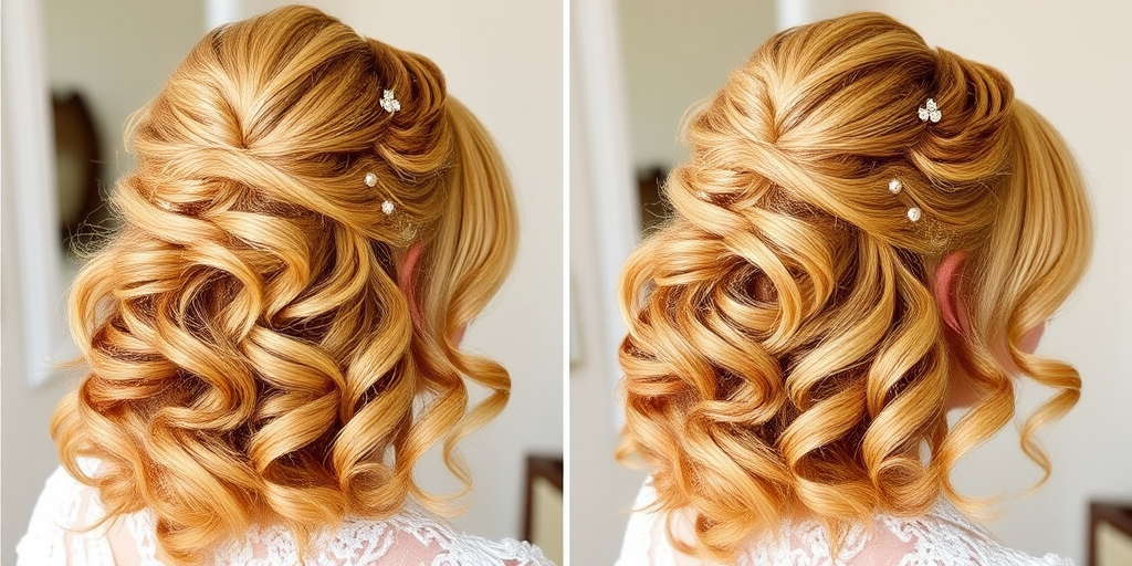 Radiant honey-blonde curls styled in a voluminous half-up, half-down look, adorned with delicate pearl pins scattered throughout, creating the romantic "Sweet Nectar" style